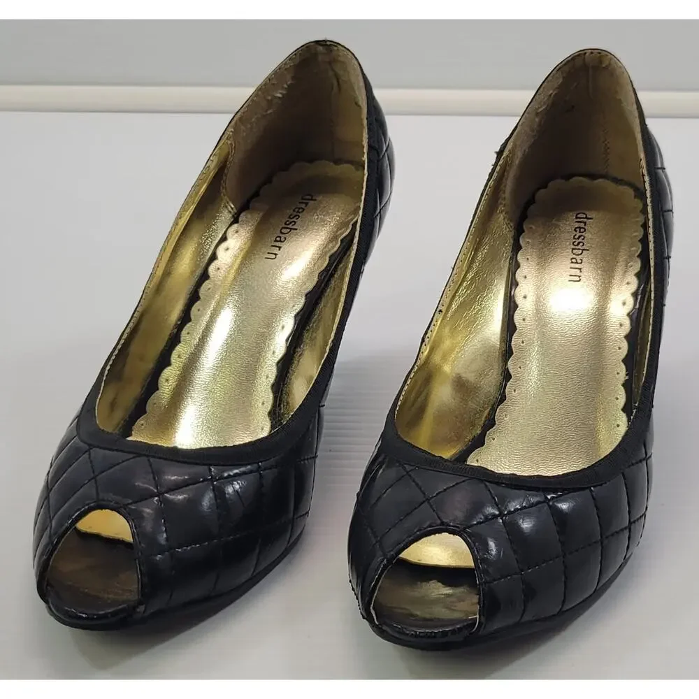 BG) Dressbarn Woman Quilted High Open Toe Black Heel Shoes 8M